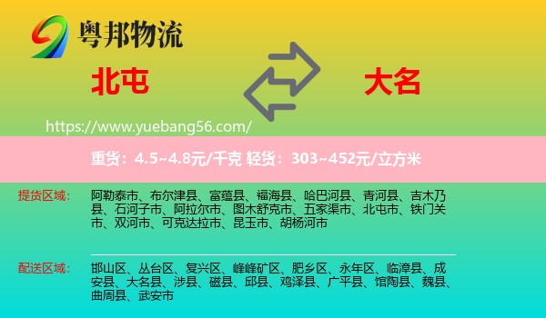 北屯市到大名縣物流