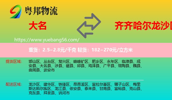 大名縣到龍沙區(qū)物流