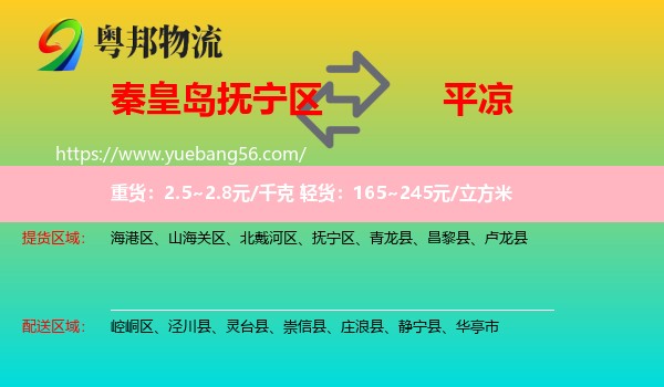 撫寧區(qū)到平?jīng)鑫锪? /></p>
                  <h2>服務(wù)范圍</h2>
                  <p>撫寧區(qū)提貨區(qū)域：
                    ，</p>
                  <p>平?jīng)鏊拓泤^(qū)域：
                    崆峒區(qū)、涇川縣、靈臺(tái)縣、崇信縣、莊浪縣、靜寧縣、華亭市。</p>
                  <h2>服務(wù)優(yōu)勢</h2>
                  <p>粵邦物流作為專業(yè)的<a href=